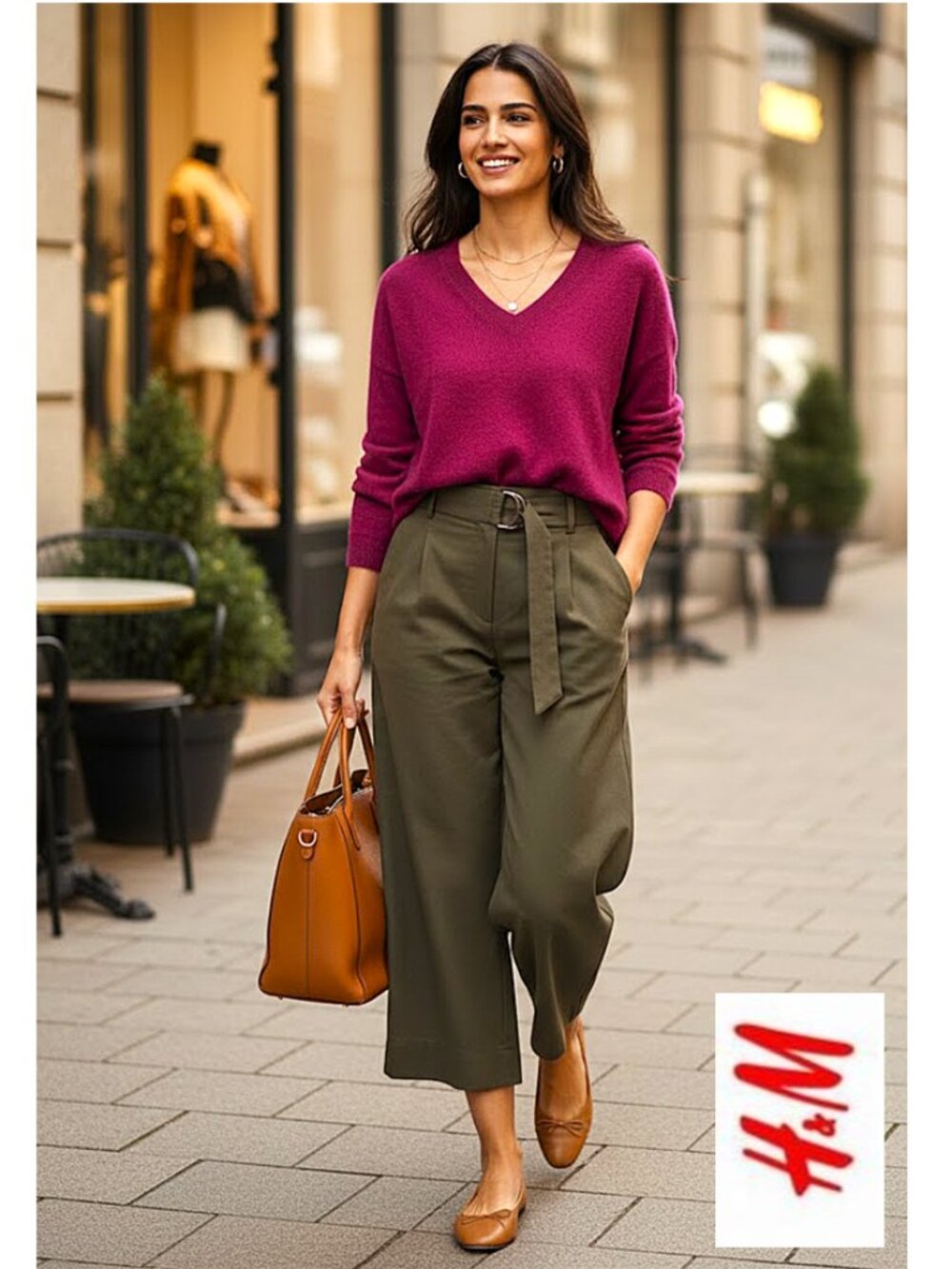 (3 for $30) H&M - Olive green wide leg high waisted cropped pants